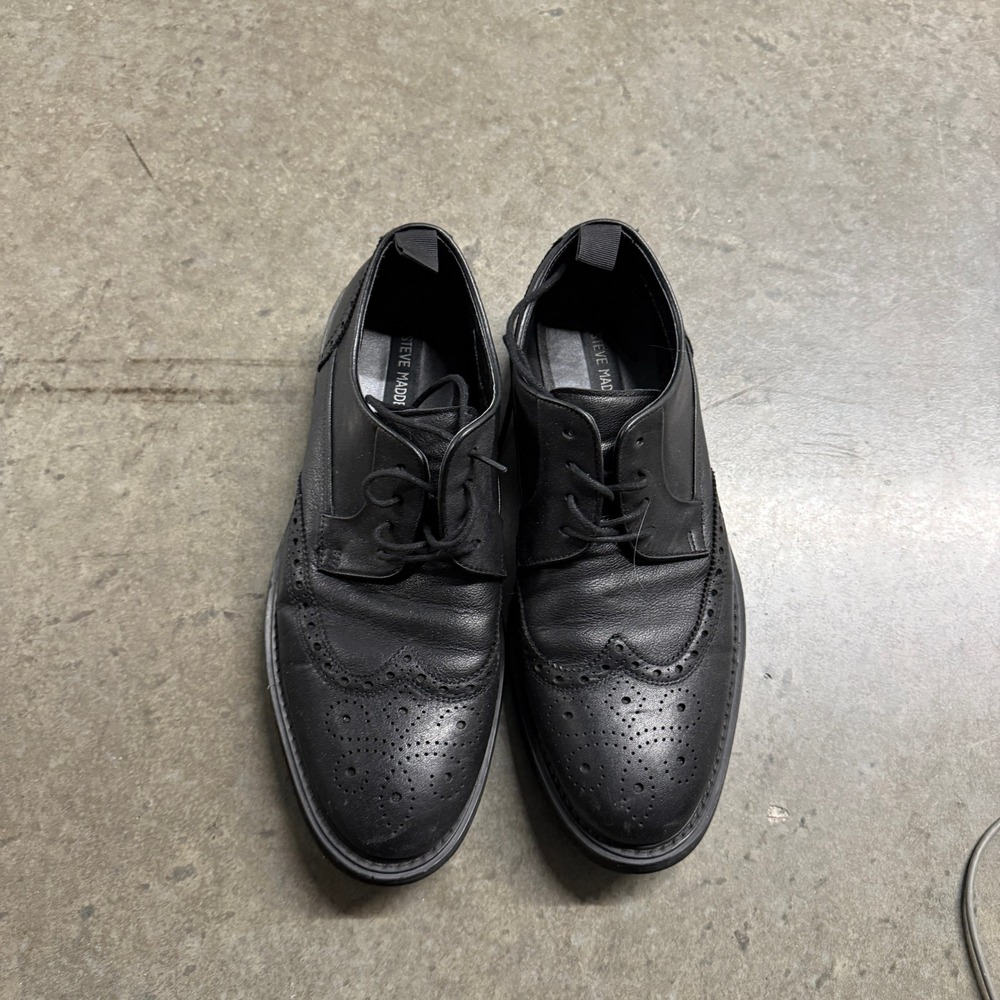 Steve Madden Mens Black Leather Wingtip Oxford Lug Sole Dress Shoes EFI 11.5M